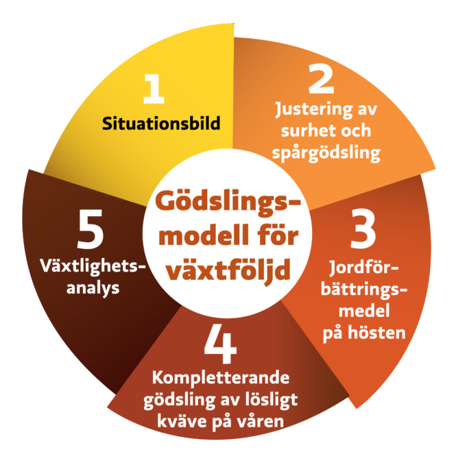 5-stegsmall; 1. Situationsbild 2. Justering av surhet och spårgödsling 3. Jordförbättringsmedel på hösten 4. Kompletterande gödsling av lösligt kväve på våren 5. Växtlighetsanalys.